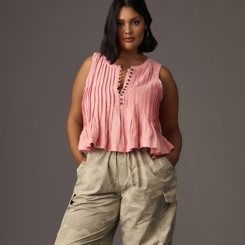 Anthropologie Pleated Linen Tank Size 1X Pink